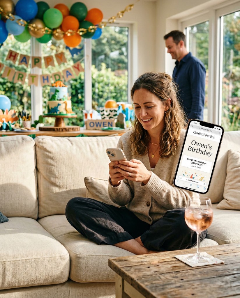 Woman on her phone planning a birthday party with Confetti